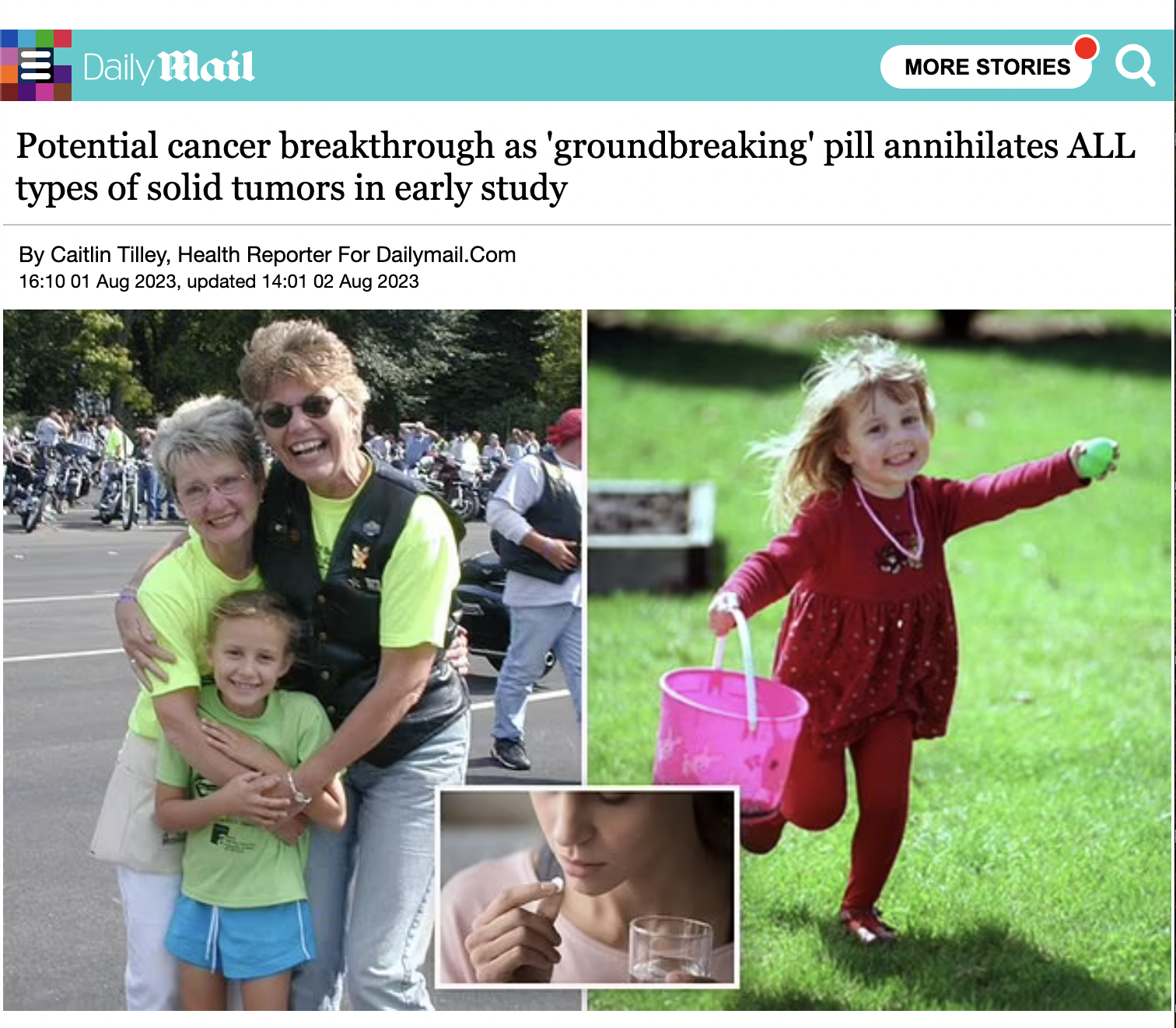 Daily Mail More Stories Potential cancer breakthrough as 'groundbreaking' pill annihilates All types of solid tumors in early study By Caitlin Tilley, Health Reporter For Dailymail.Com , updated